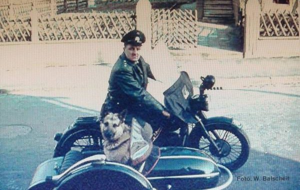Walter Balscheit mit Polizeihund Caesar auf Streifenfahr